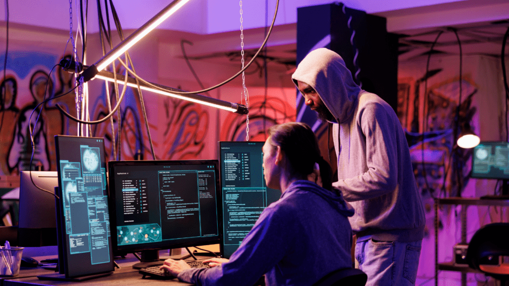 a person in a hoodie is working on a computer screen