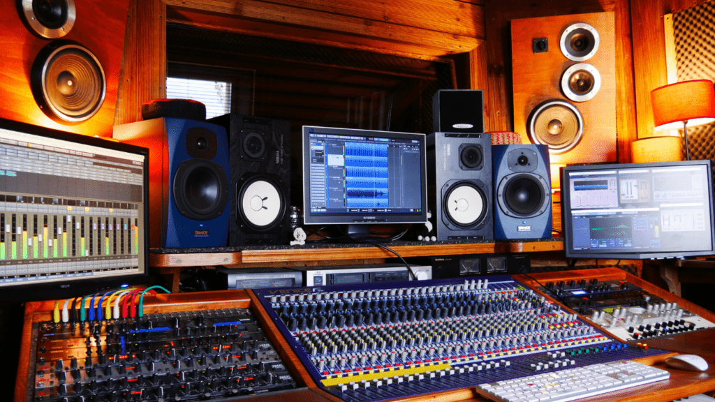 a recording studio with music equipment in it